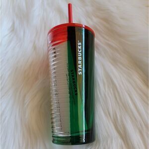 Starbucks Holiday 2021 glass coldcup 18oz. Half green half clear,lid & straw red